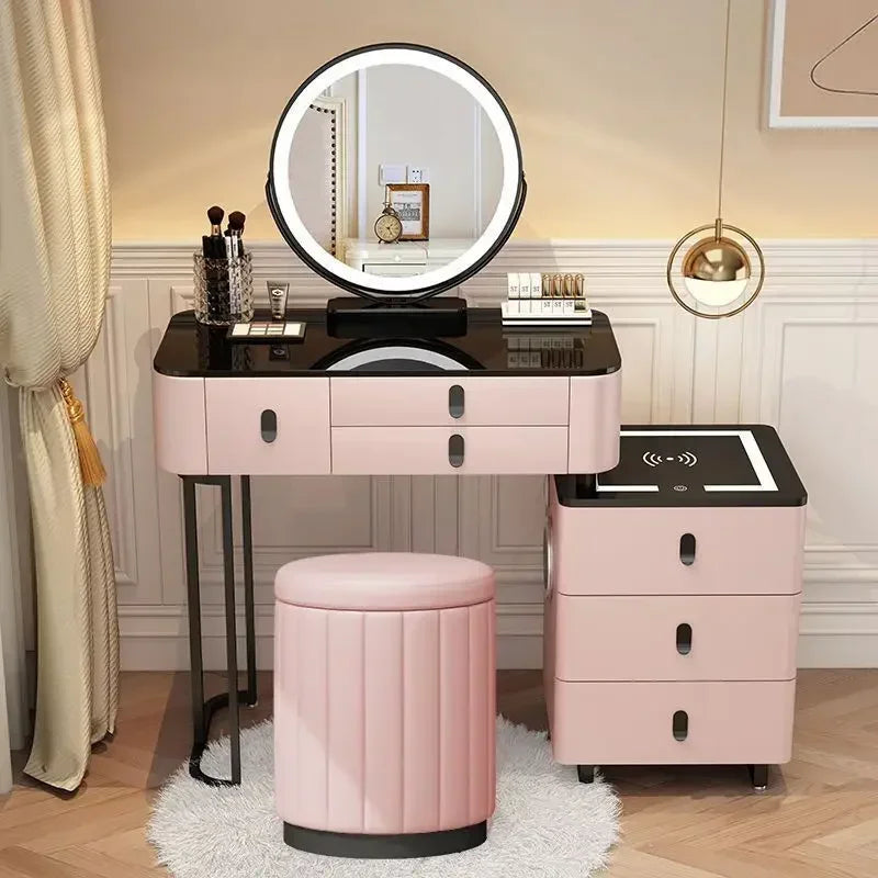 Modern Wooden Makeup Vanity With Wireless Charging And LED Mirror