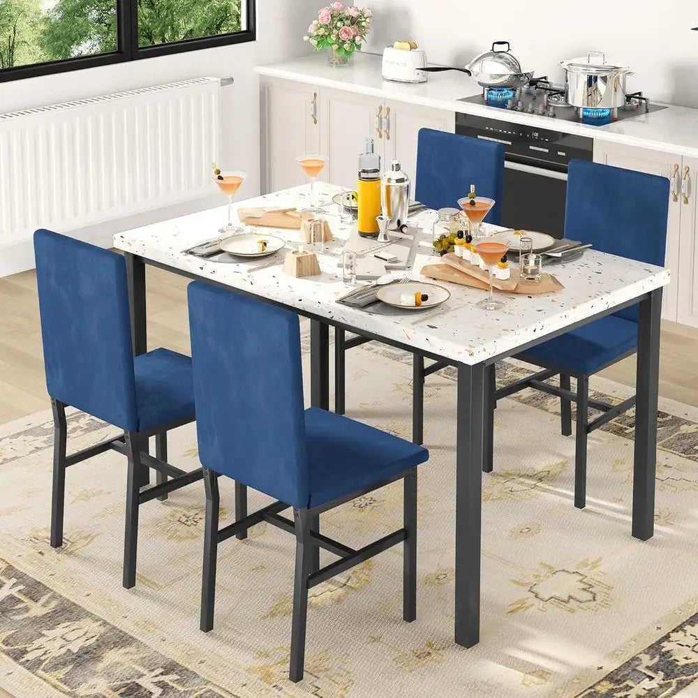 Dining Table Set or 4, ern aux Marble Dining Table Set with 4 Upholstered Velvet Chairs, Dining Room Table Set or Kitchen, Break
