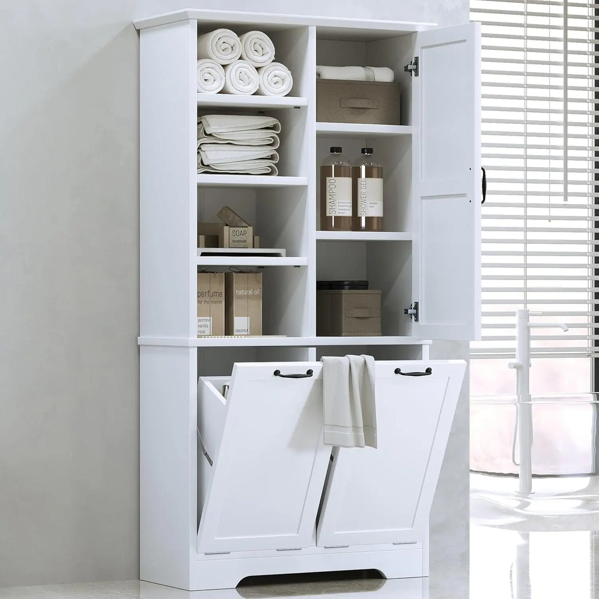 Tall Storage Cabinet with Door and Open Shelf, Multi-Functional Laundry Hamper Basket for Home Bathroom, Laundry Room, White