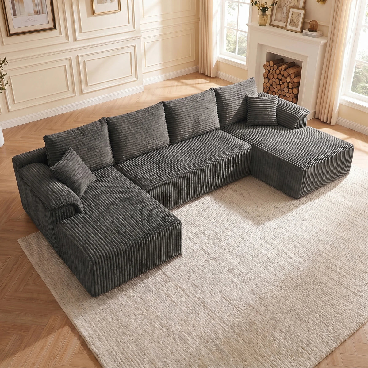 Oversized Vertical Striped Corduroy Modular Sofa, Freely Combinable U-Shaped Corner Sectional with Chaise Lounge, Luxury Cloud Deep Seat Fabric Couch, No Assembly Lazy Sofa with Throw Pillows for Living Room & Apartment, Idea
