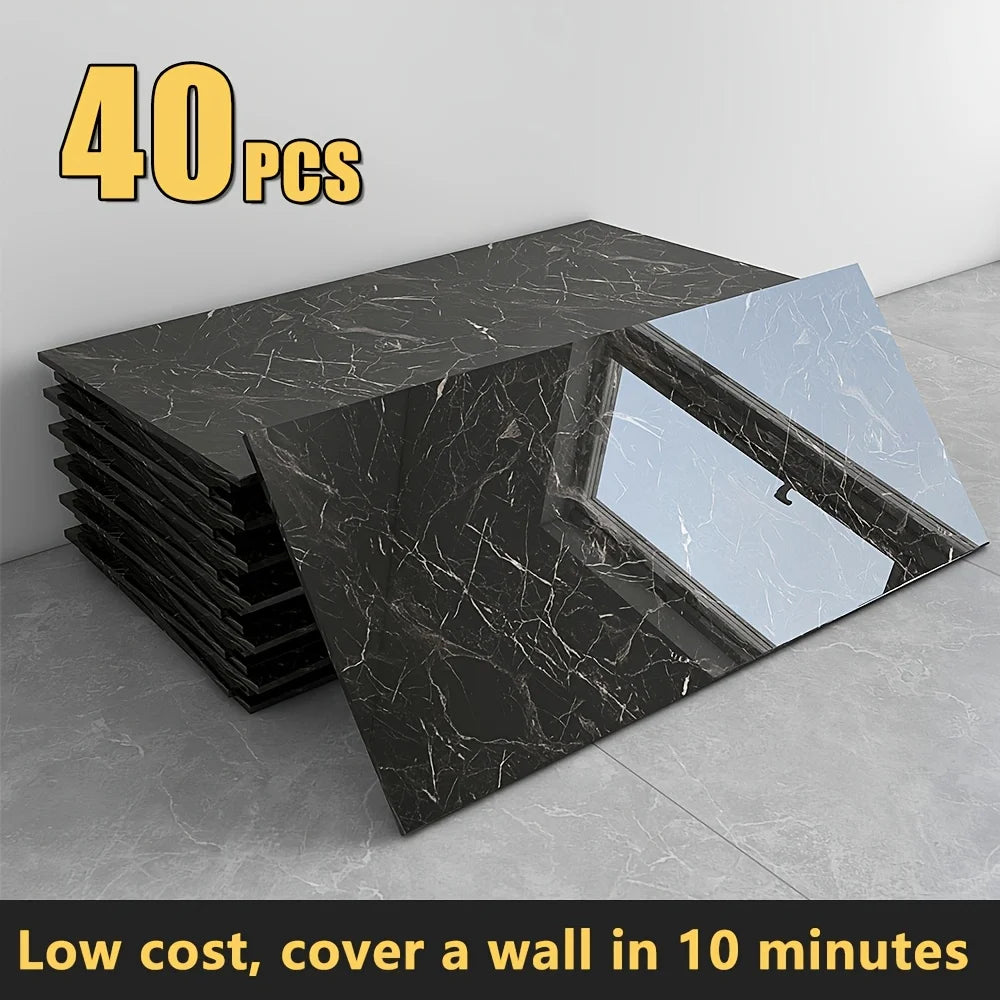 us20/40pcs Glossy Marble Pattern Wall Panels Wall Sticker Set, Self-Adhesive Detachable PVC Wall Panels Wall Decals, Waterproof Peel And Stick Backsplash for Kitchen, Bathroom, Living Room, Home, Office, Dorm Decord