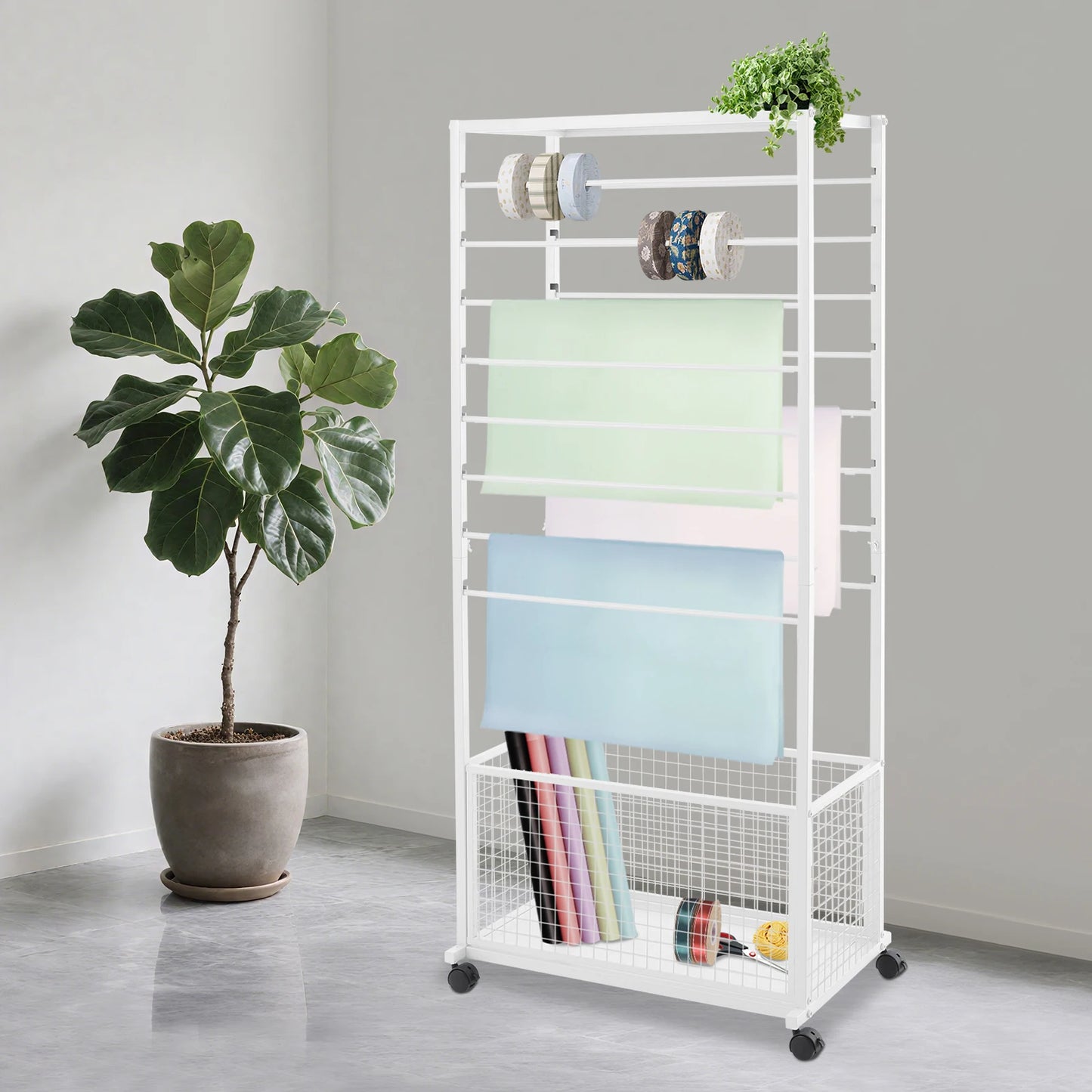 67*32*150cm White 16-layer Ribbon Rack with Top Shelf Flower Wrapping Paper Rack with Rollers Display Rack with Storage Basket