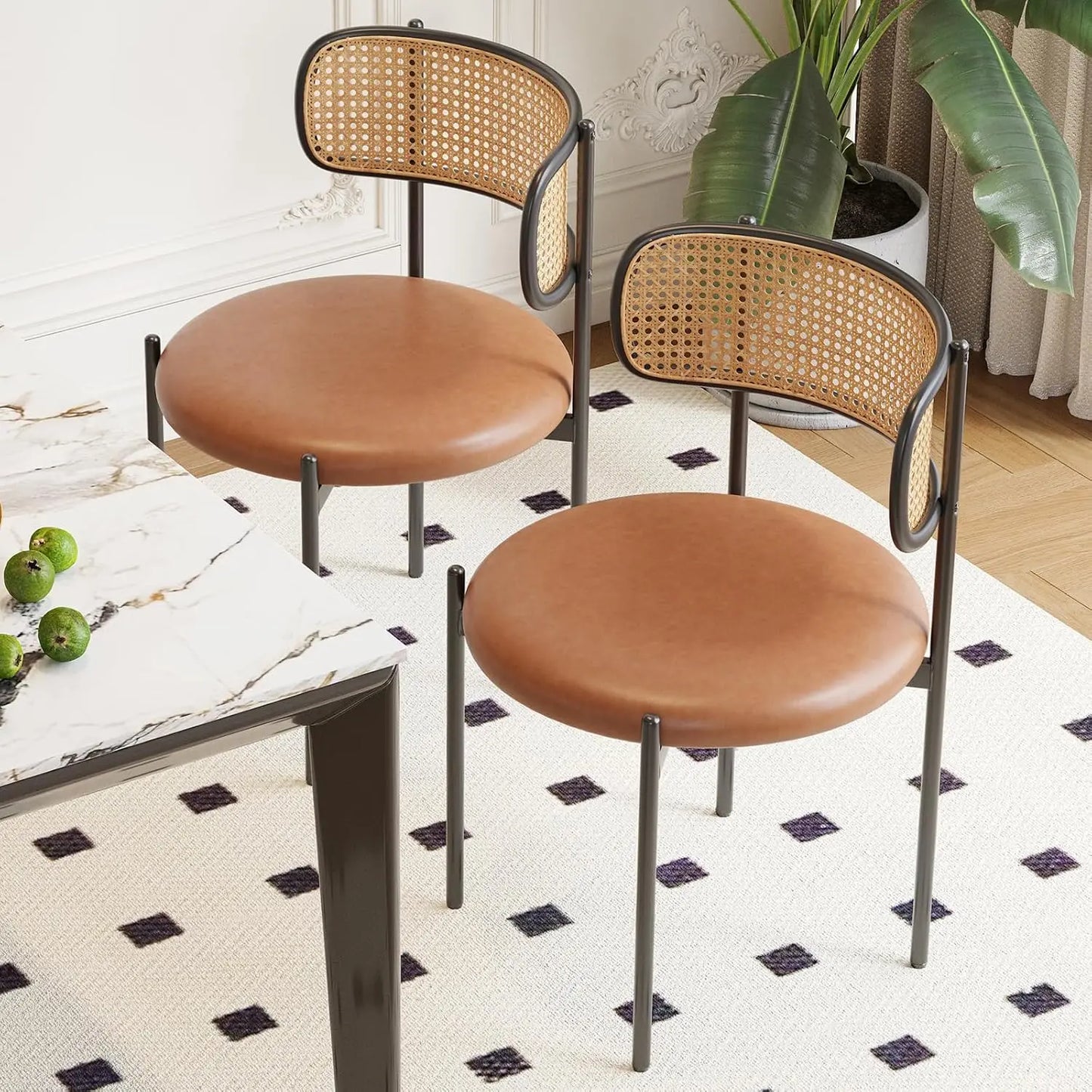 FARINI PU Leather Dining Chairs With Woven Rattan Back And Metal Legs