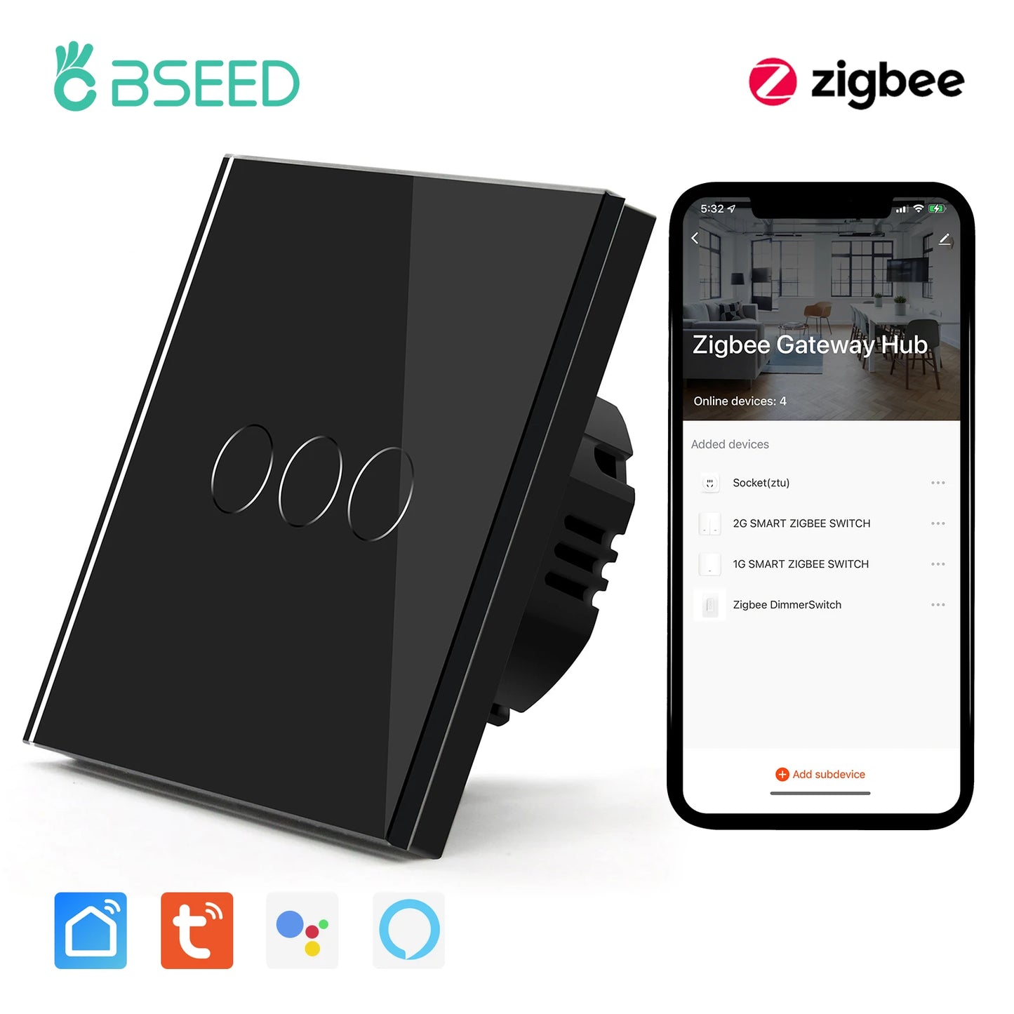 BSEED Zigbee 1/2/3 Gang 1 Way Smart Switch Single Live LED Buttons Glass Panel Work With Google Home EU Touch Switch Smart Life