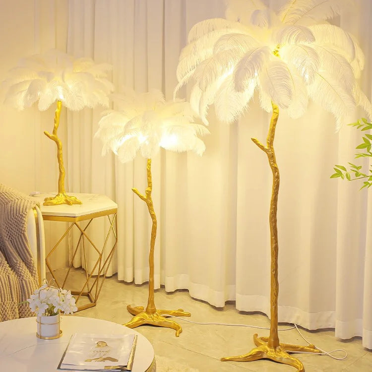 Luxury Modern White Pink Ostrich Feather Floor Lamp Home Corridor Party Stage Romantic Road Decoration E27 Light Bulb Fixture