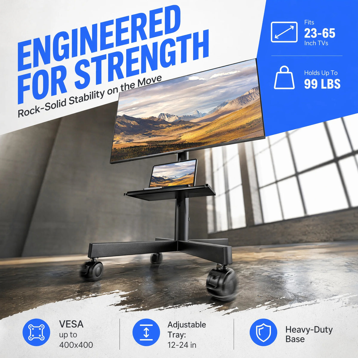 Rolling TV Stand on Wheels with Tilt for 23-65 Inch Screen TVs, Mobile TV Cart Height - Adjustable with Shelf/Tray, Portable TV Stand Holds up to 99 lbs, Max VESA 400x400mm