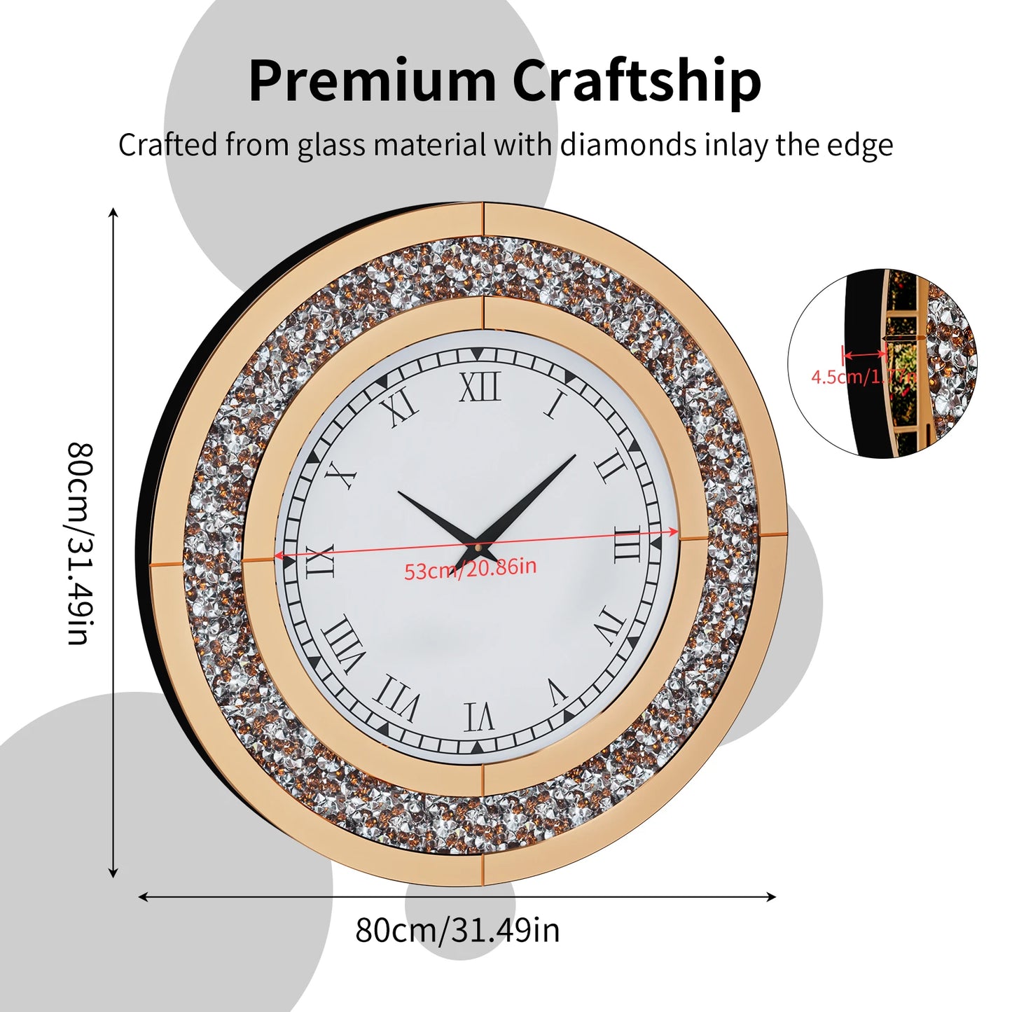Round Mirror Clock With Crystals For Elegant Wall Decor