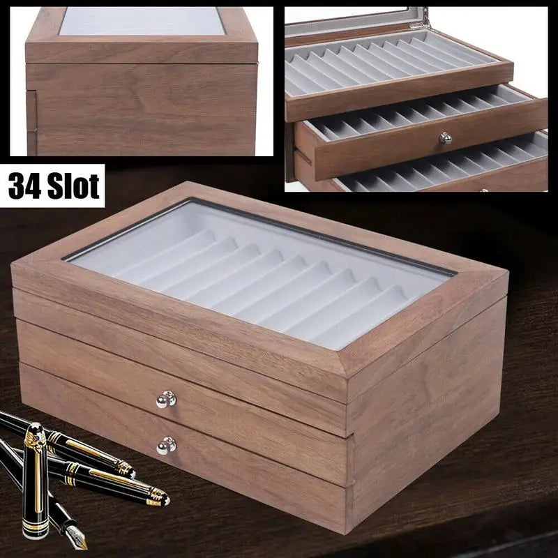 Pen Storage Case 34 Slots Walnut Wood Cabinet With Drawer Student Stationery Pen Display Show  Gift Case