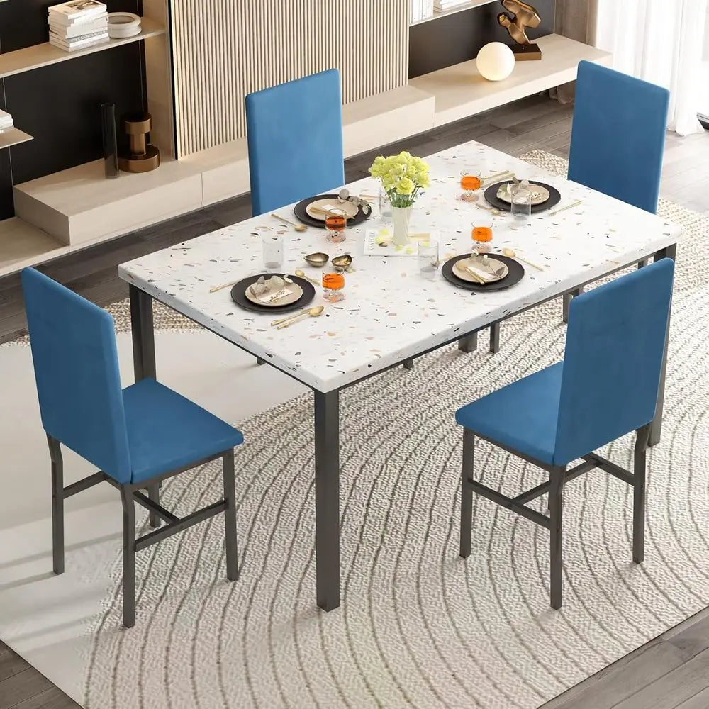 Dining Table Set or 4, ern aux Marble Dining Table Set with 4 Upholstered Velvet Chairs, Dining Room Table Set or Kitchen, Break