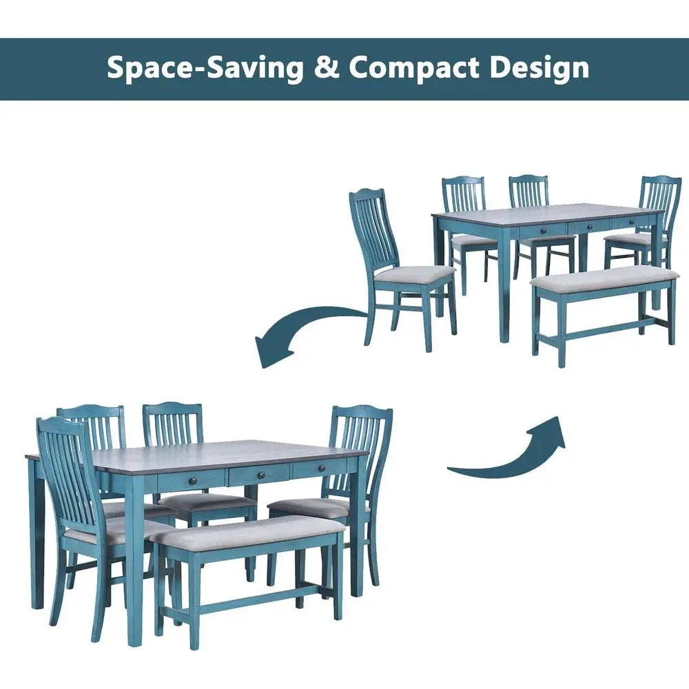 6-Piece Solid Wood Dining Table Set, armhouse Kitchen Table Set with 4 Upholstered Chairs, Bench and Storage Ders or Kitchen, Di