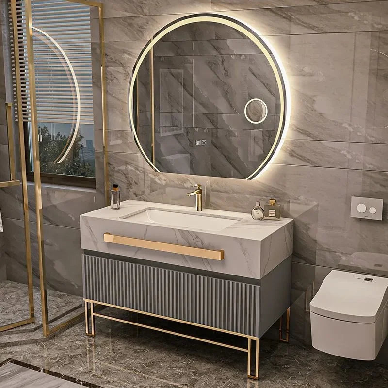 Luxury Bathroom Vanity Cabinet With Smart Led Rock Slab Countertop