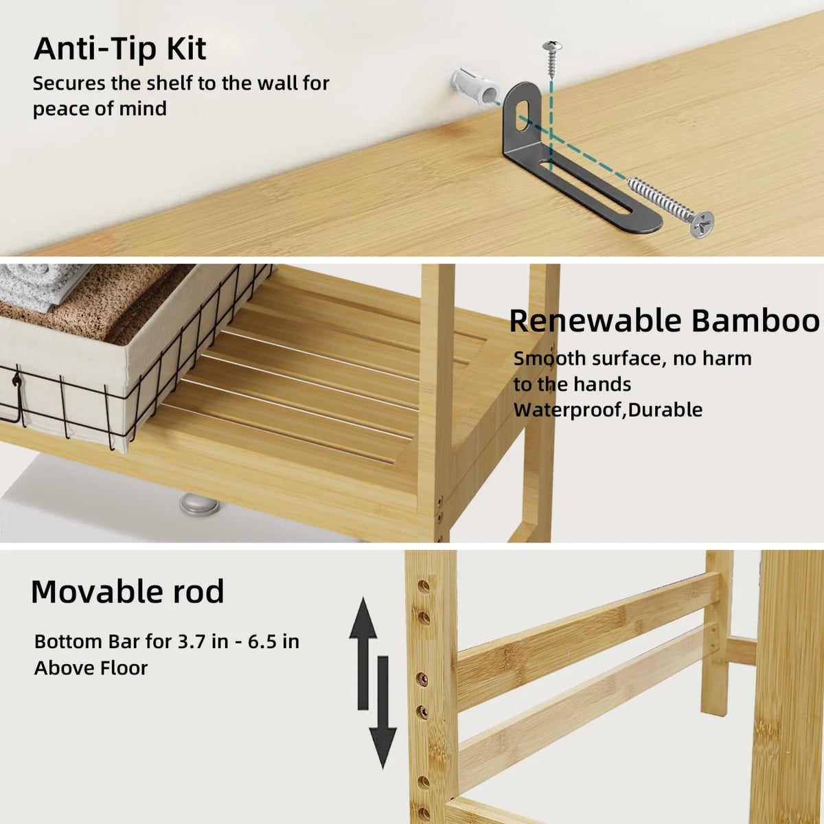 Natural Bamboo Over The Toilet Storage Rack Three Tier Shelves