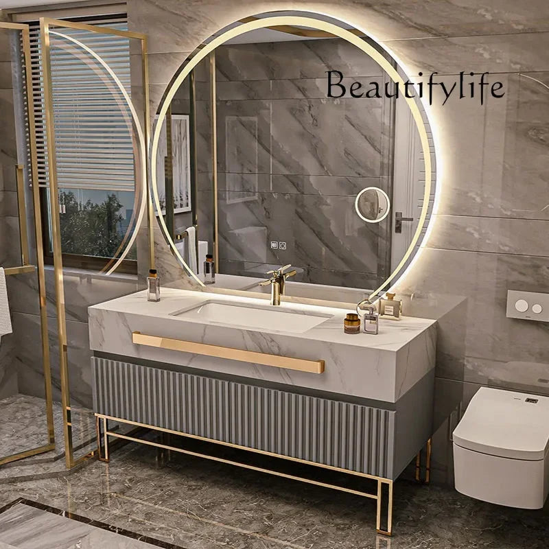 Luxury Bathroom Vanity Cabinet With Smart Led Rock Slab Countertop