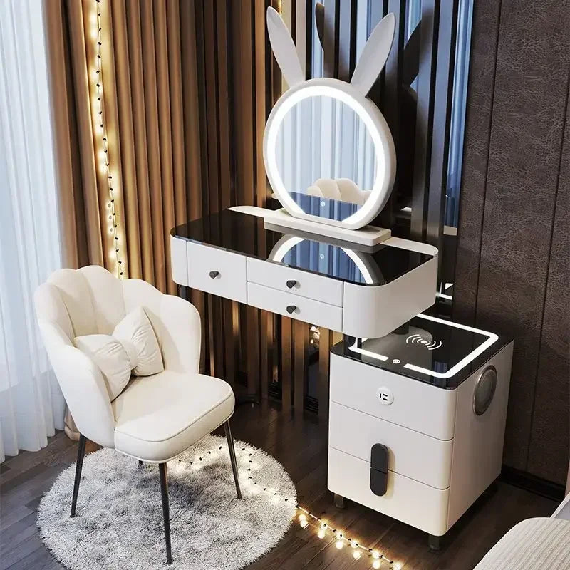 Modern Wooden Makeup Vanity With Wireless Charging And LED Mirror