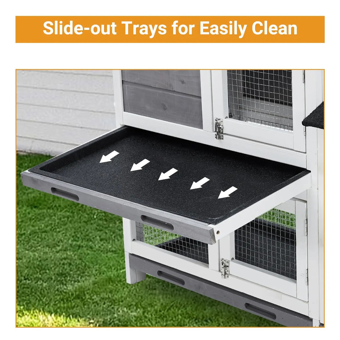 63in Bunny Hutch Indoor, Wooden Rabbit Cage 2-Tier With 3 Removable Trays, Waterproof Roof Bunny House Outdoor Coop