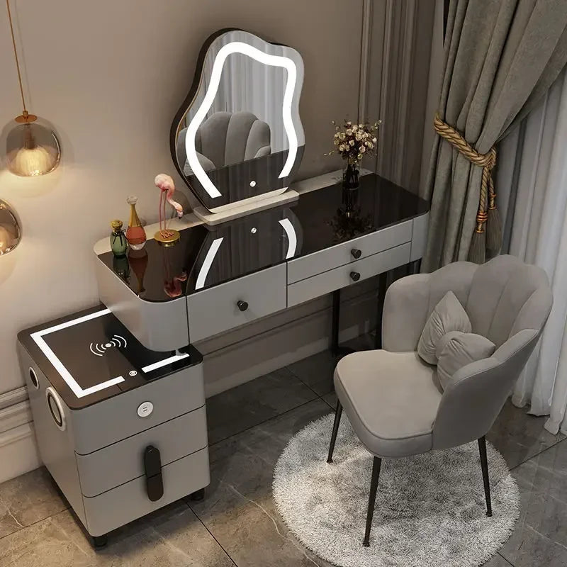 Luxury Glass Vanity Table With Smart Wireless Charging Led Mirror
