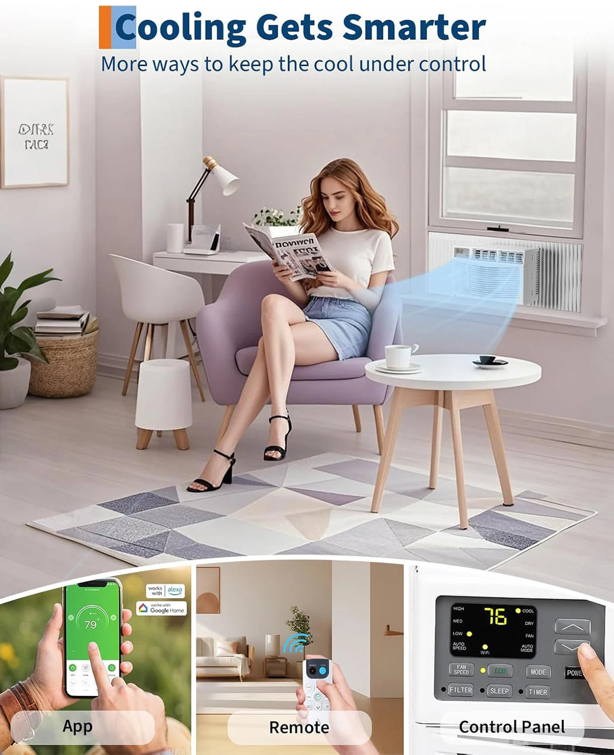 8000Btu Window Air Conditioner, Smart Air Conditioner Window Unit Remote/App Control, Cools Up to 350 Sq. Ft., Dehumidifier, Fan