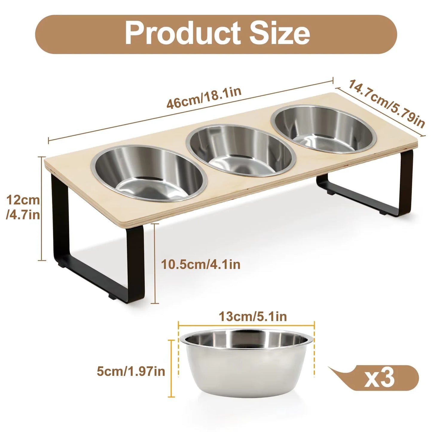 Elevated Cat Feeder Tilt 15° With Bamboo Iron Stand Bowls