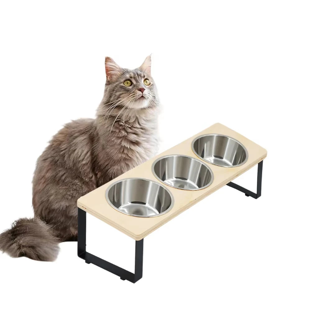 Elevated Cat Feeder Tilt 15° With Bamboo Iron Stand Bowls