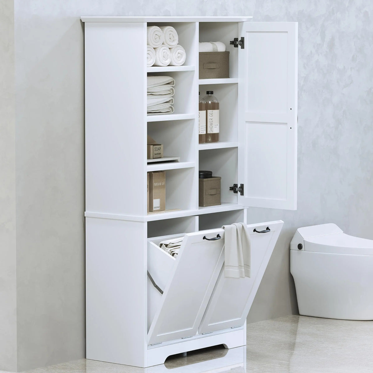 Tall Storage Cabinet with Door and Open Shelf, Multi-Functional Laundry Hamper Basket for Home Bathroom, Laundry Room, White