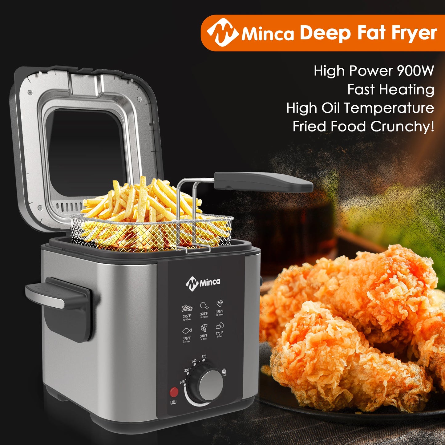 Minca 1.5L Electric Deep Fryer with Viewing Window, Adjustable Temp, Removable Basket, Stainless Steel Body & Cool-Touch Handle