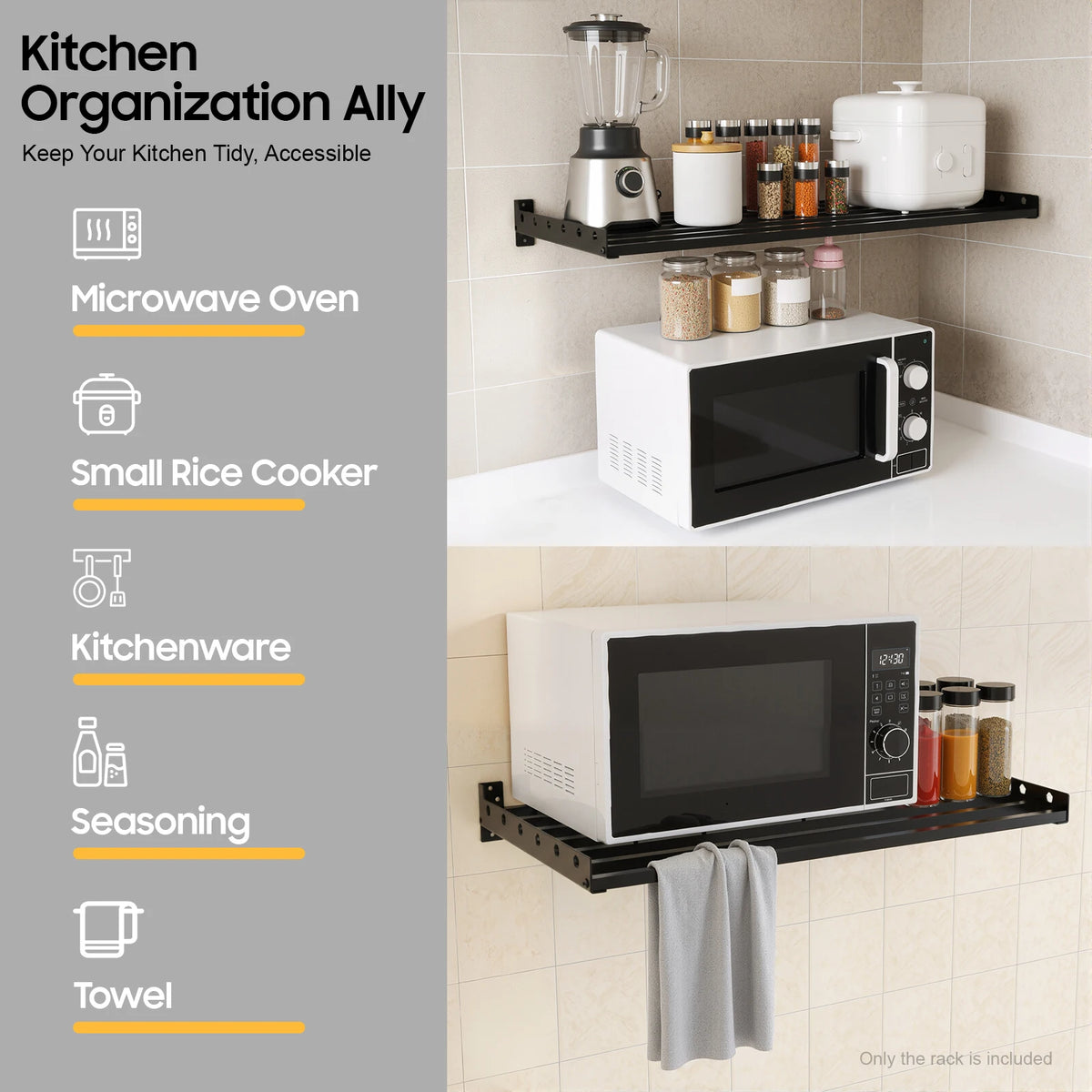 Bymaocar Wall Mounted Kitchen Microwave Oven Steel Shelf Rack