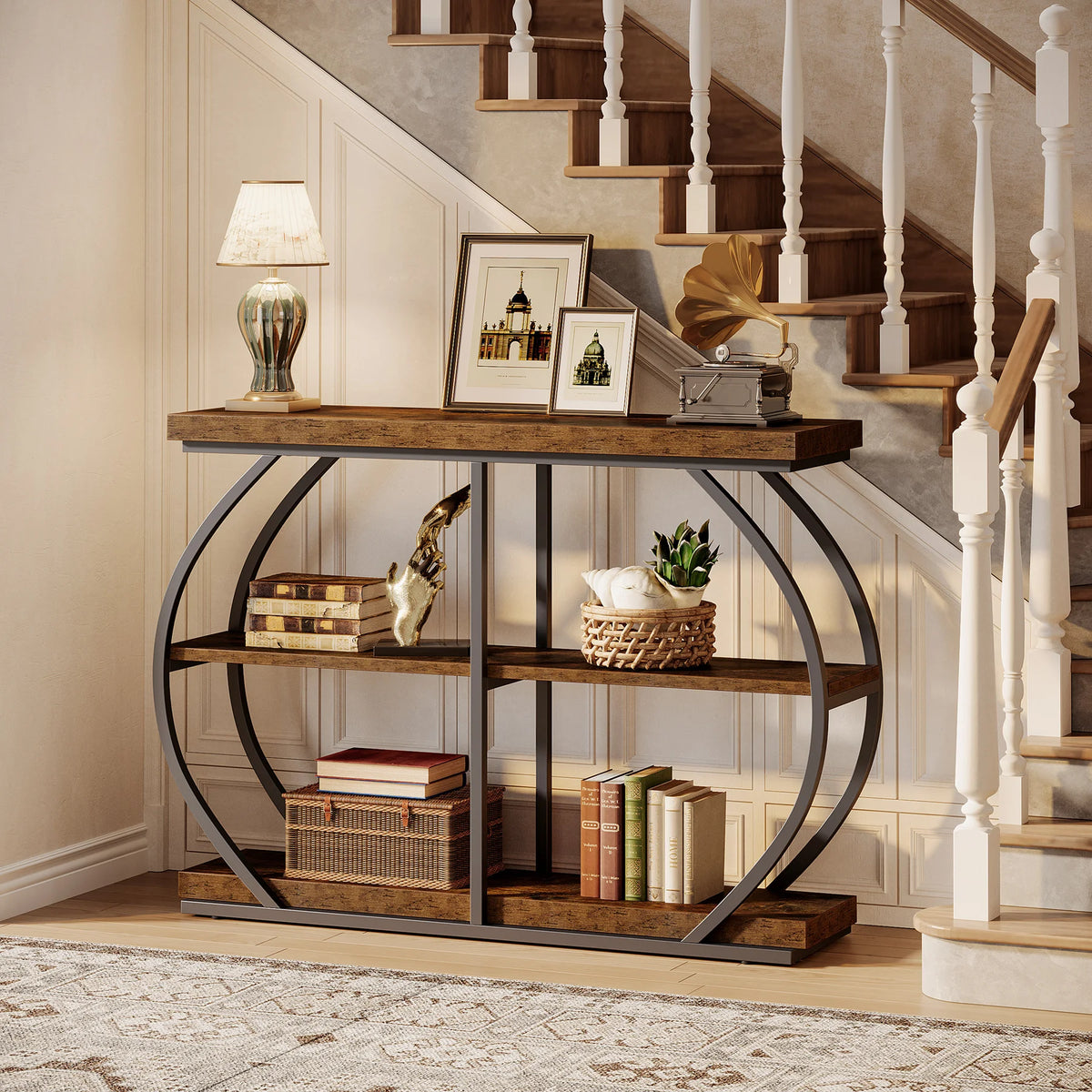 Tribesigns 41.3" Console Table, Industrial 3-Tier Entryway Table with Arched Metal Frame and Storage Shelves for Living Room