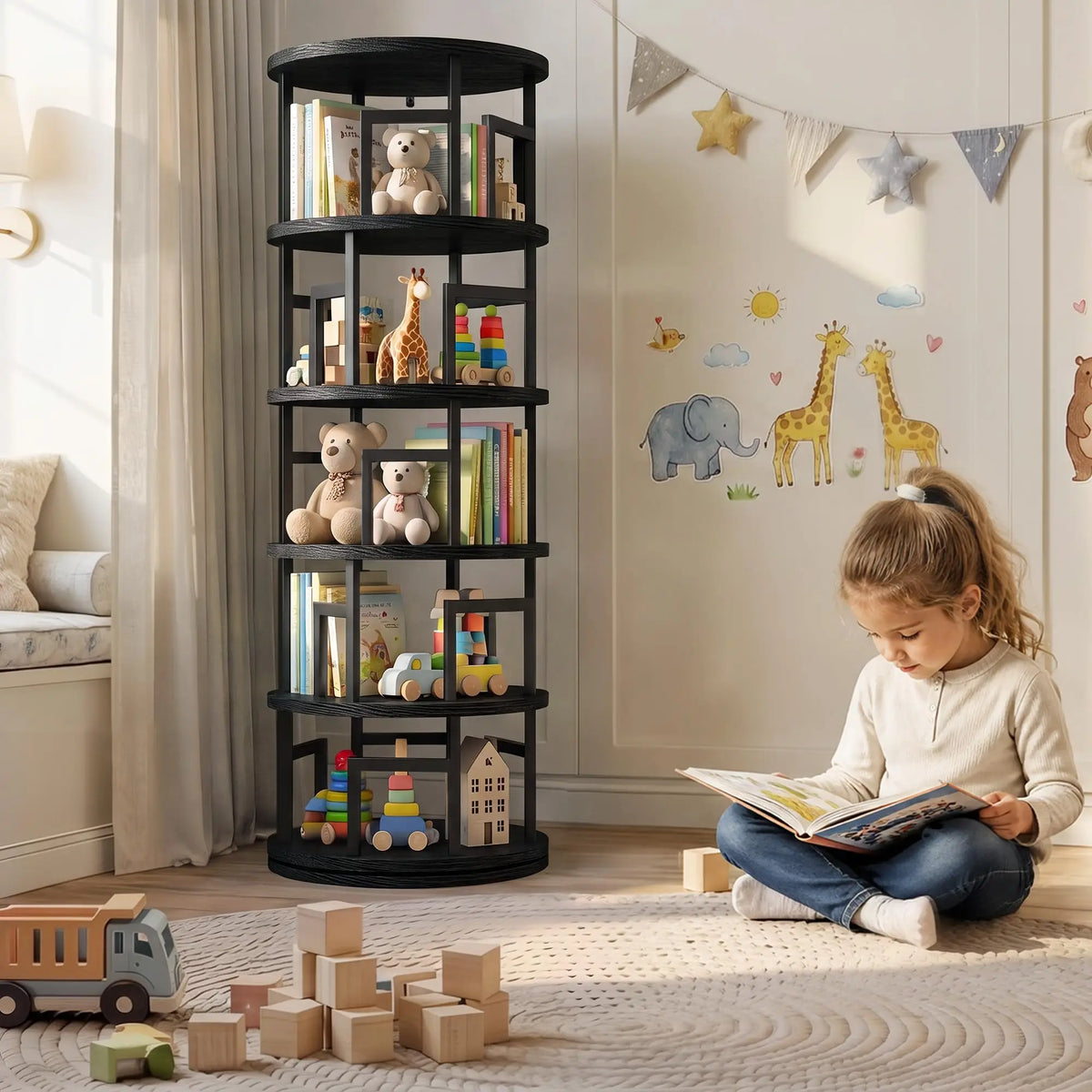 HiMISS 5 Tier Rotating Bookshelf Modern Corner Storage Tower