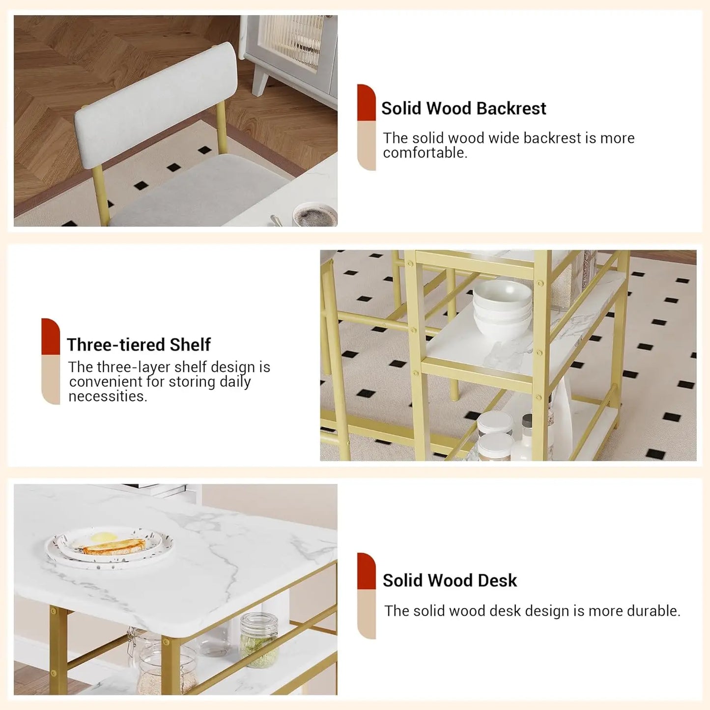 3 Piece Modern Bar Table Set for 2, Space Saving Counter Height Dining Table with Storage Shelves & Upholstered Chairs, Dining Room Furniture for Breakfast Nook Kitchen, Gold