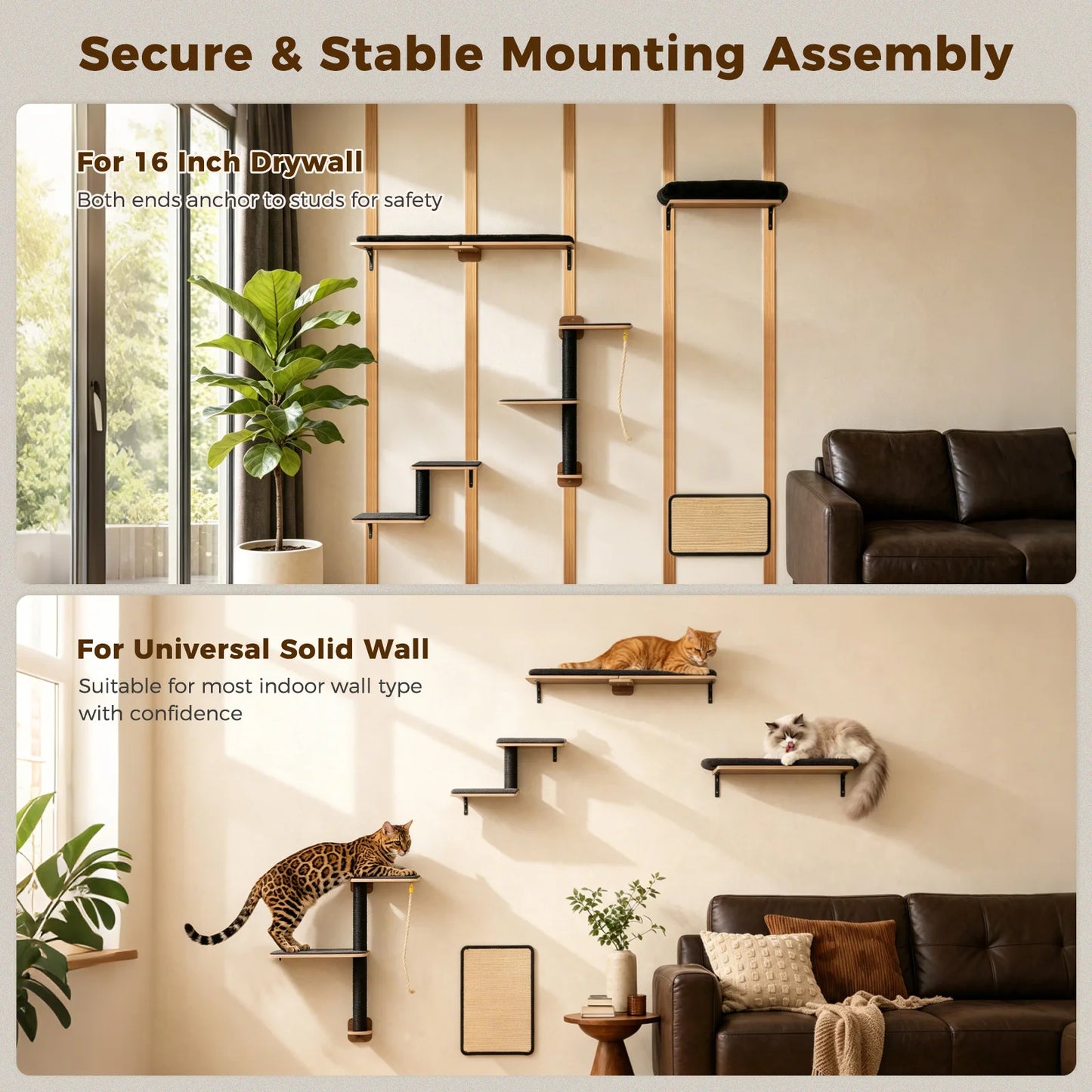 Wooden Cat Climbing Wall Shelves 5-in-1 Cat Wall Furniture with Perches Sisal Scratching Posts & Scratcher Pads Climbing Ropes Modern Climbing Set for Indoor Cats Accessories Cat Toys