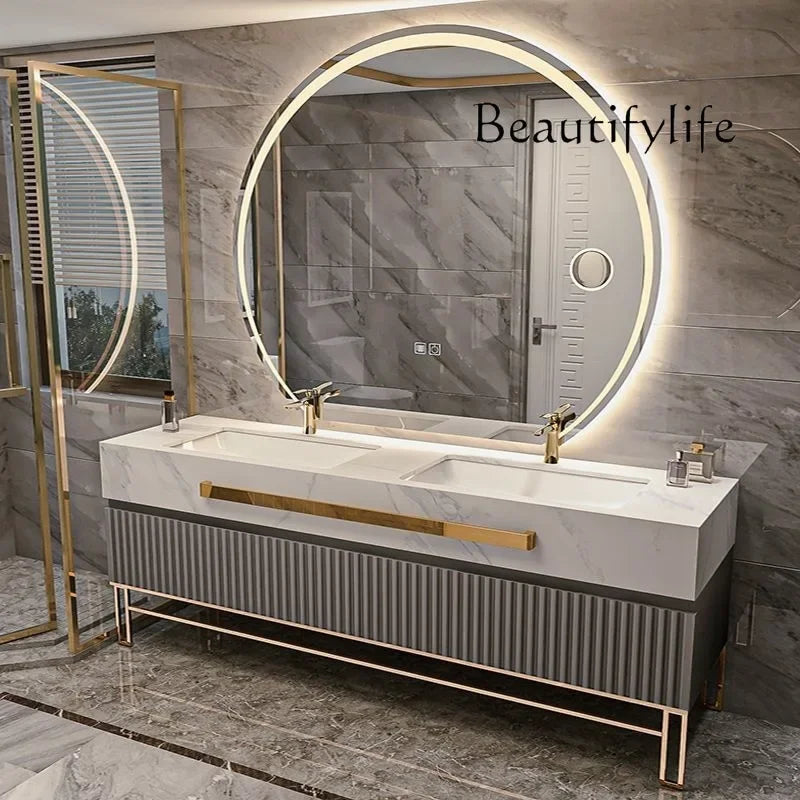 Luxury Bathroom Vanity Cabinet With Smart Led Rock Slab Countertop