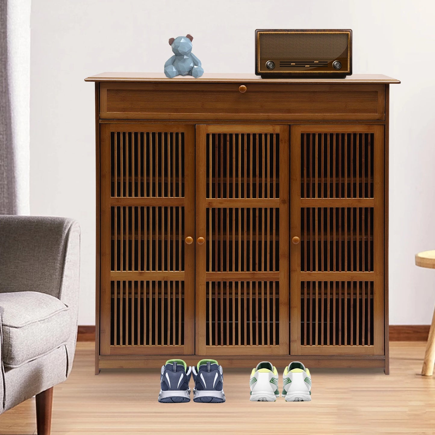 Eco-friendly Bamboo Shoe Rack with Drawer and Top Shelf – Large Capacity, Modern Design