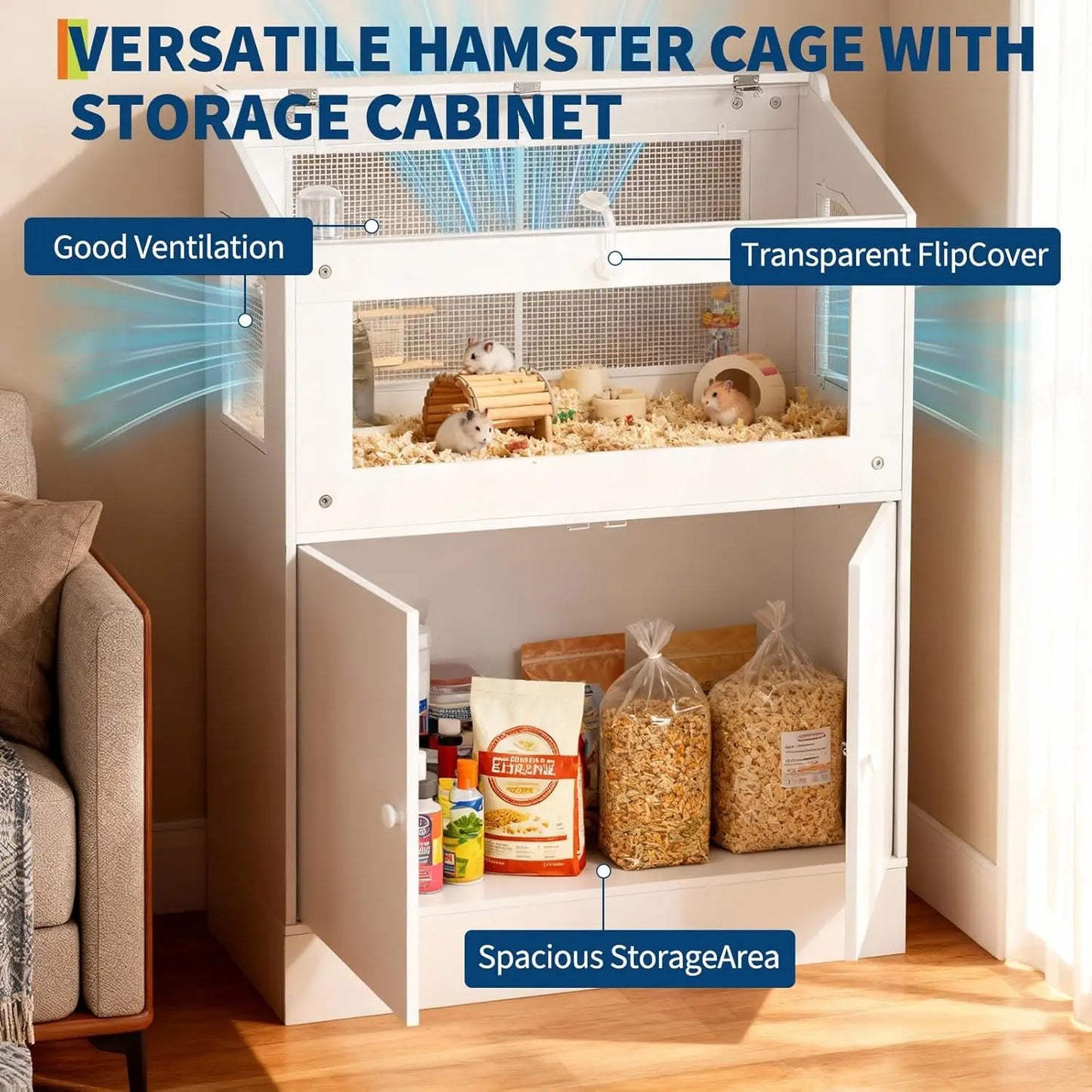 Large Acrylic Small Animal Cage With Storage Cabinet Pet Habitat For Hamster Guinea Pig Rat Hedgehog Easy Clean & Ventilated