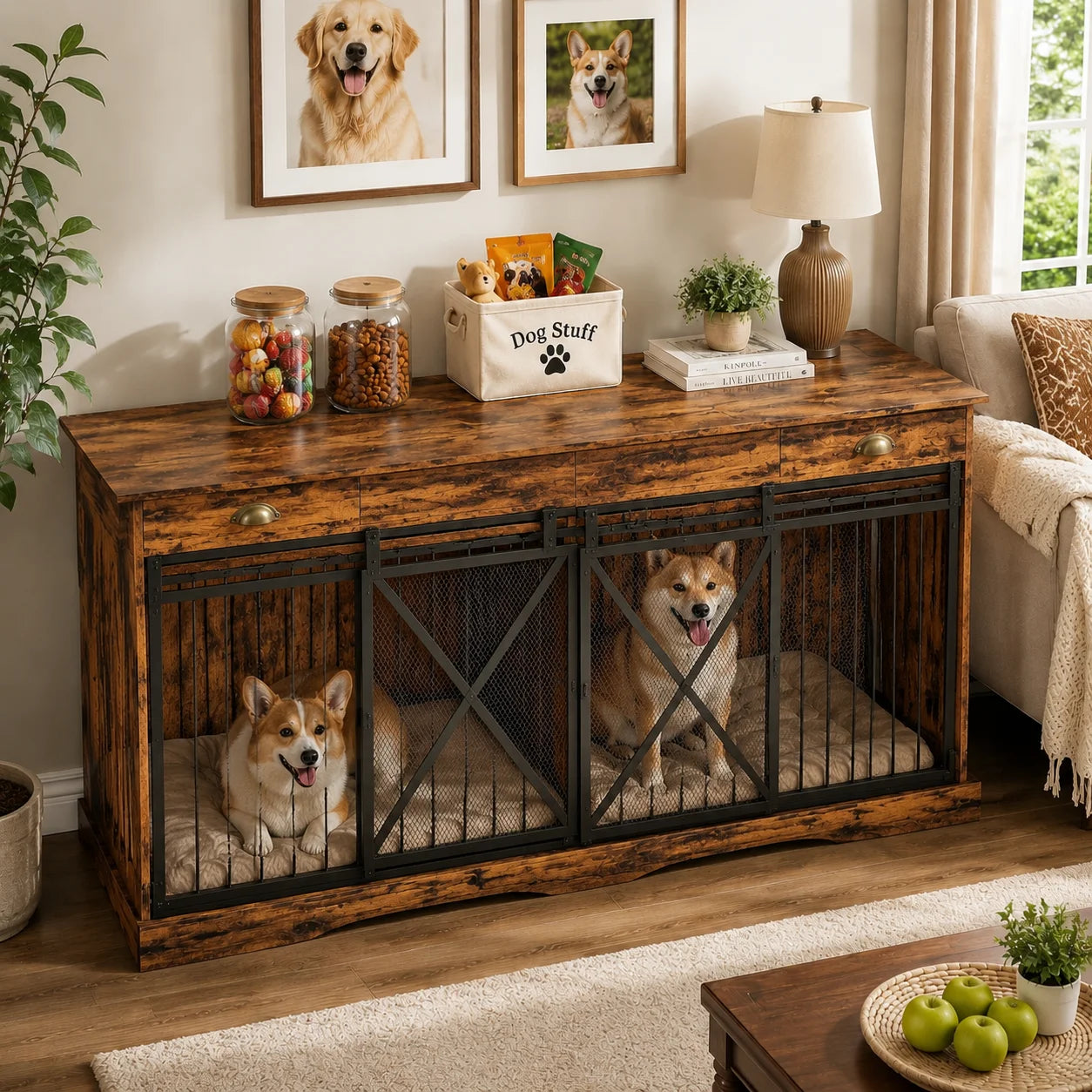 63 Inch Large Double Dog Crate Furniture with Divider Sliding Doors Storage Drawers Open Shelves Heavy Duty Wooden Indoor Dog Kennel Cabinet for Multiple Dogs Living Room Bedroom Entryway