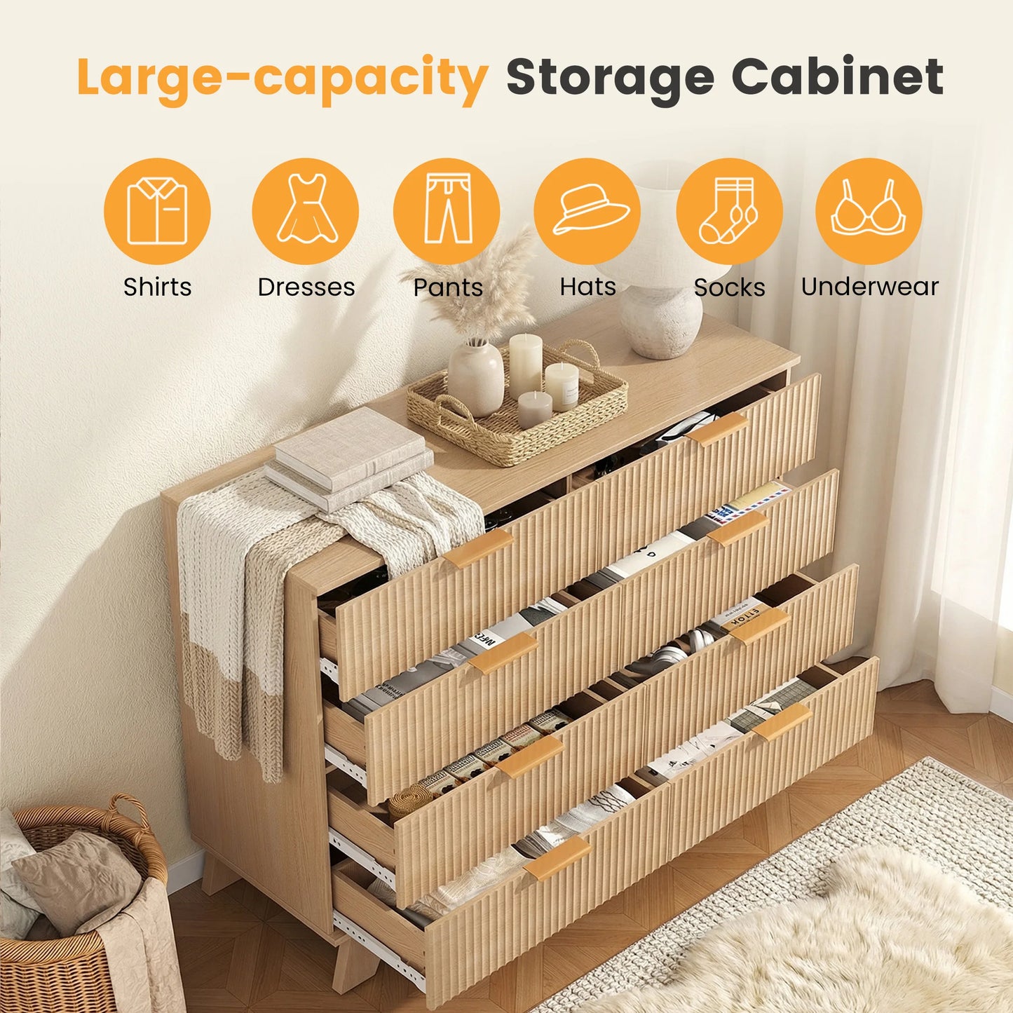 JHK 8 Drawer Dresser Fluted Wooden Cabinet Wide Modern Chest of Drawers with Gold Metal Handles Storage Organizer Unit for Living Room Hallway
