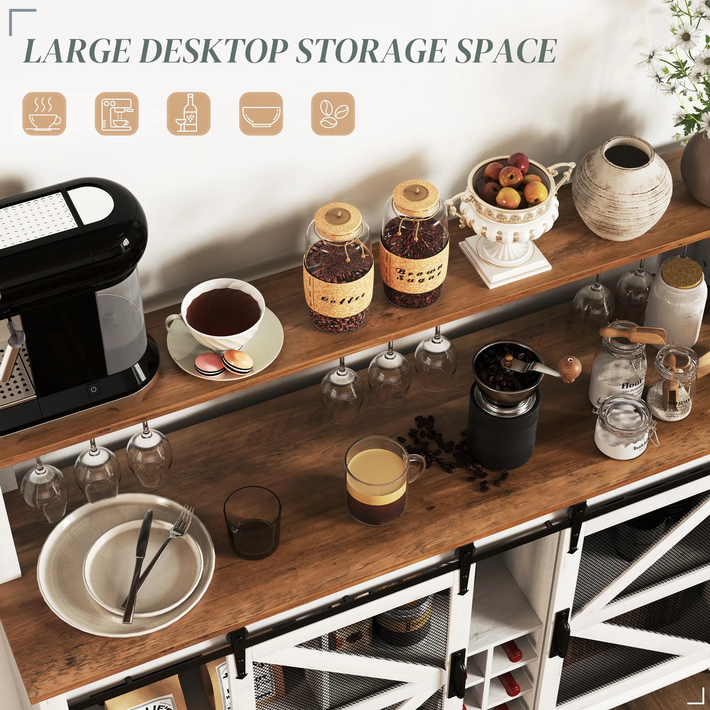 App Controlled Farmhouse Coffee Bar Cabinet With Wine Storage Rack