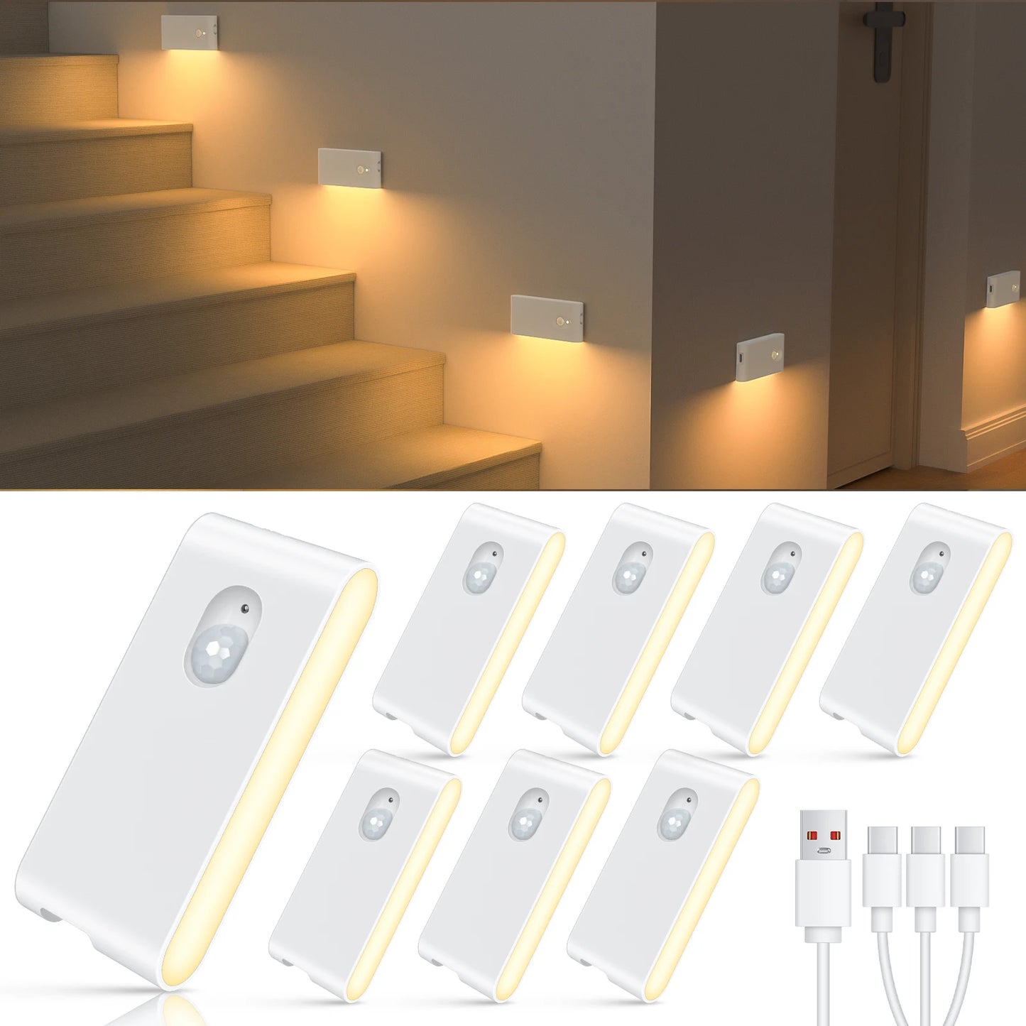 WILLED Motion Sensor Wireless Stair Lights Indoor Battery Rechargeable Night Lights for Stairway Hallway Kitchen Cabinet Bedroom
