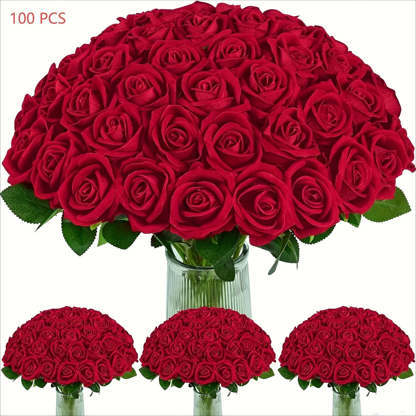 us50/100pcs Red Roses Artificial Flowers, Real Touch Velvet Roses Bouquet Fake Flowers Bulk, Artificial Roses with Long Stems for Valentines Day Gift DIY Bridal Wedding Centerpiece Decorations, Mothers Day Decor, Home Decor,