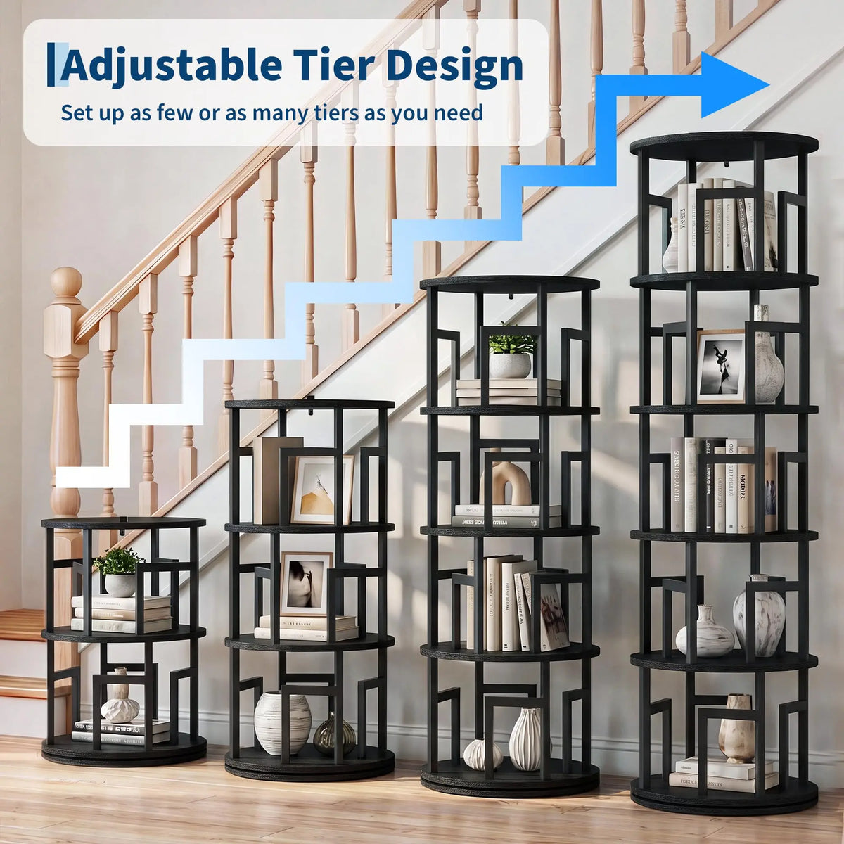 HiMISS 5 Tier Rotating Bookshelf Modern Corner Storage Tower