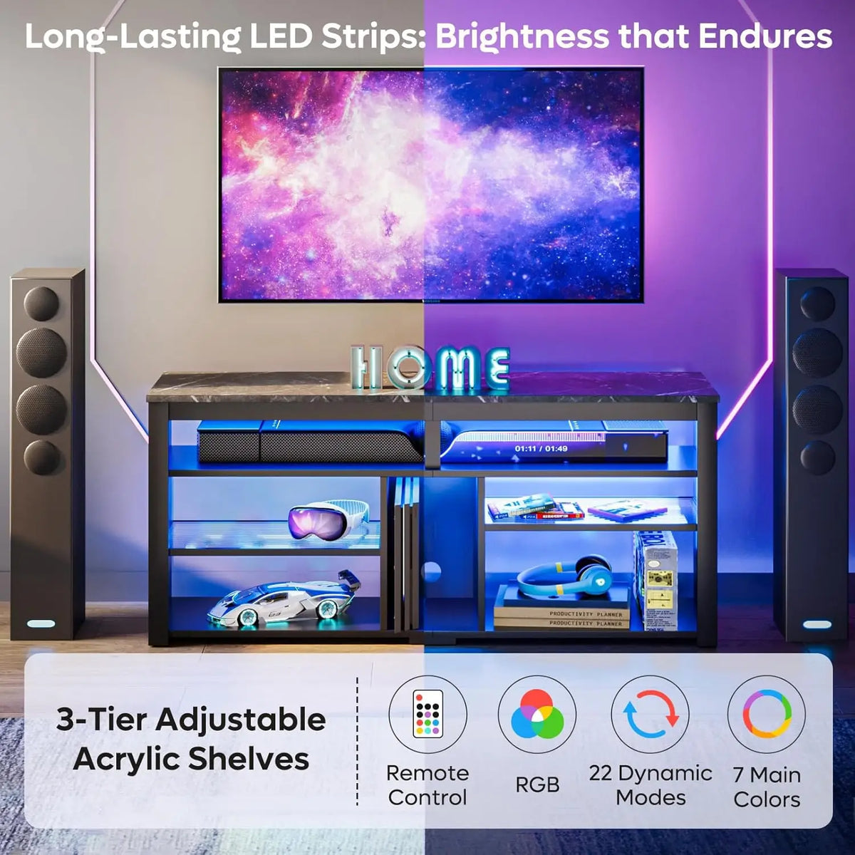 LED Tall Entertainment Center for 55/60/65 inch TV, TV Stand with Storage for PS4 Xbox, Adjustable Shelf Media, Customized