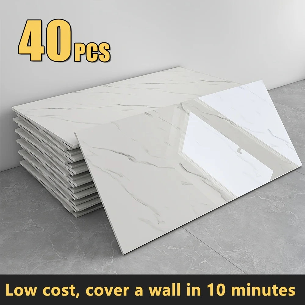 us20/40pcs Glossy Marble Pattern Wall Panels Wall Sticker Set, Self-Adhesive Detachable PVC Wall Panels Wall Decals, Waterproof Peel And Stick Backsplash for Kitchen, Bathroom, Living Room, Home, Office, Dorm Decord