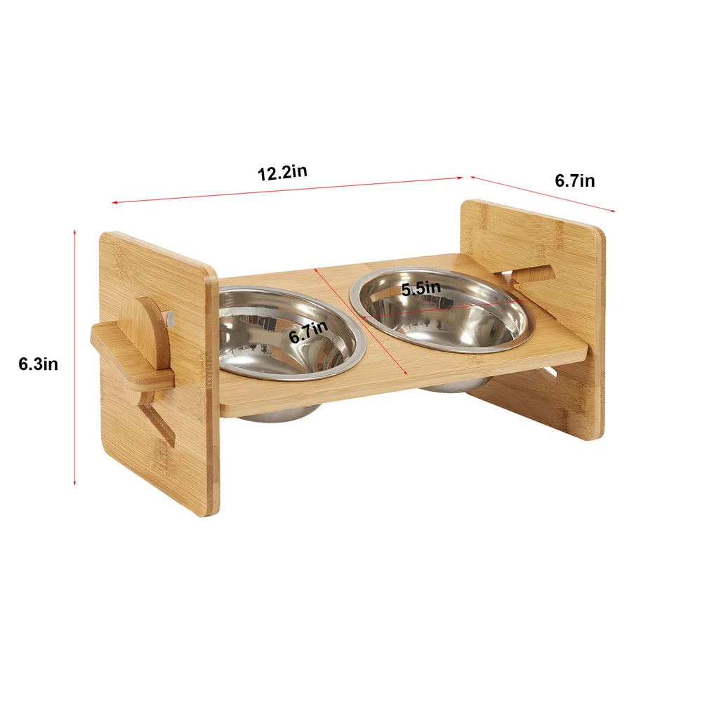 Adjustable Bamboo Elevated Dog Feeding Station With Stainless Steel Bowls