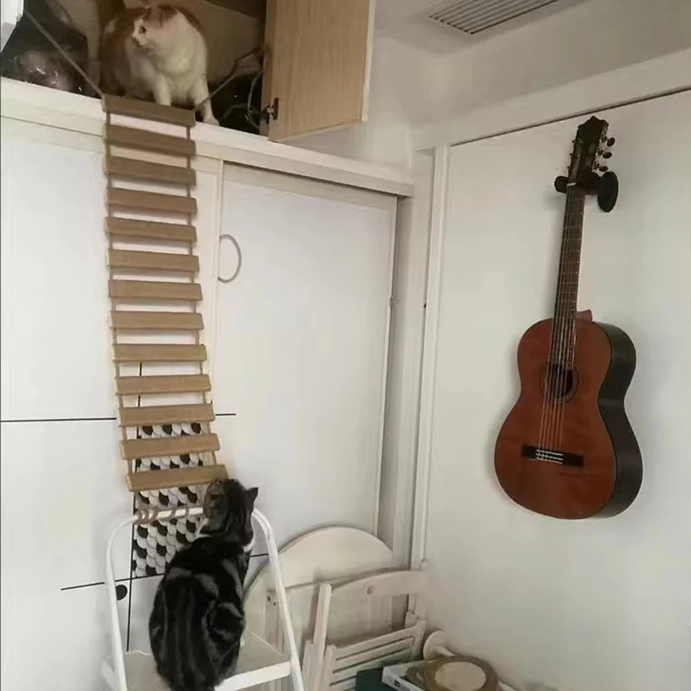 Wooden Cat Bridge For Cage With Sisal Rope Ladder Scratcher