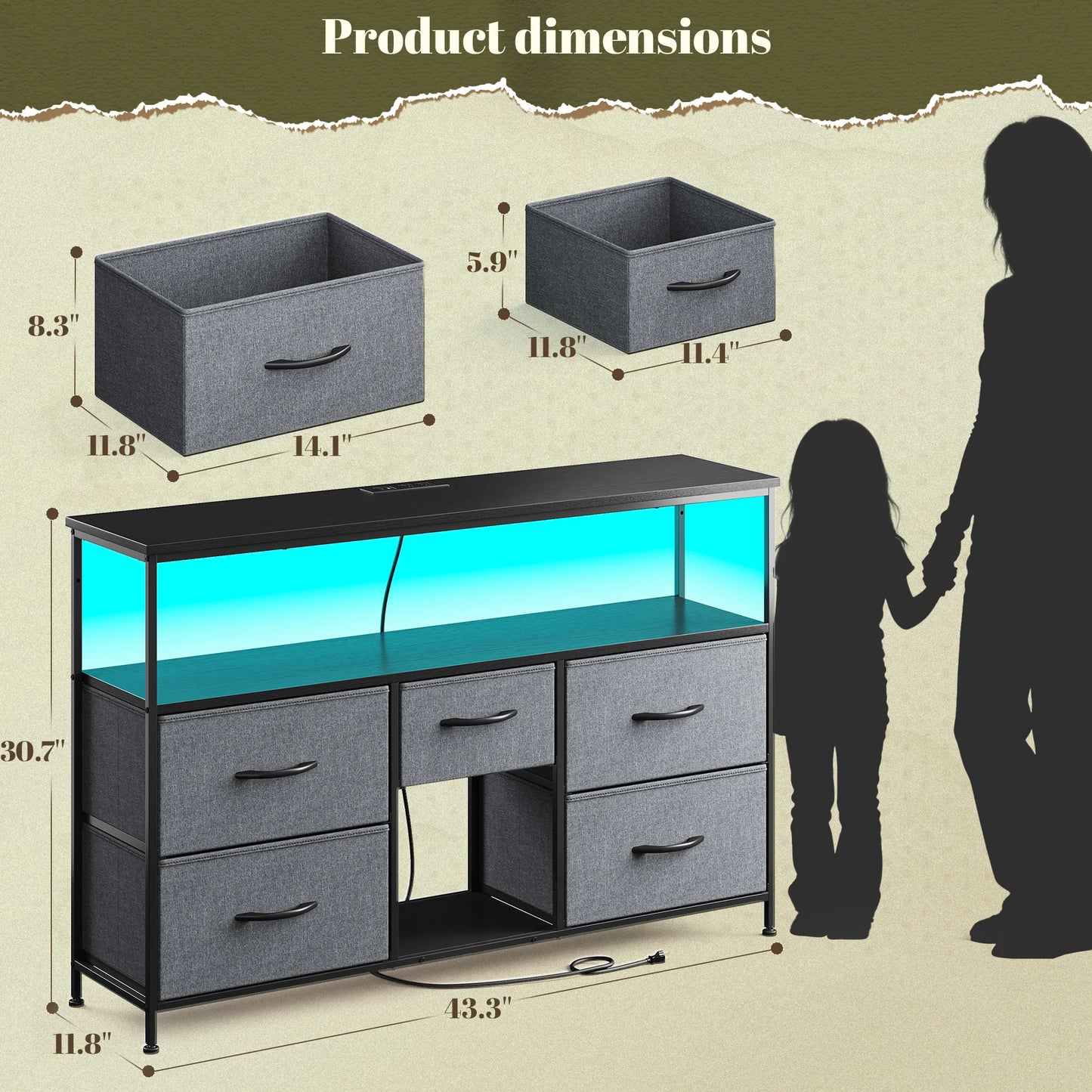 5‑Drawer TV Console with LED Accent Lights – 45/50" Compatible, Metal Frame, Leveling Feet, Scratch‑Resistant Top, Quick Assembly – Spacious Shelves + Fabric Drawers – Ideal for Dorm, Apartment, Living Room Use
