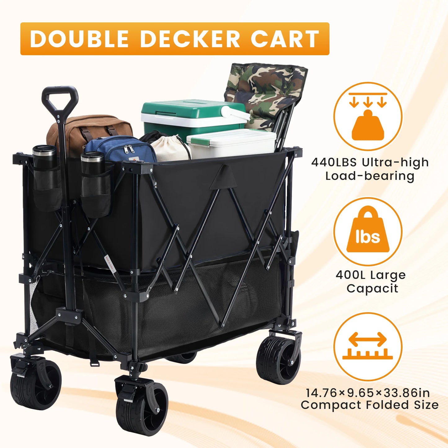 JHK Outdoor Foldable Garden Cart Dual Deck Capacity 440 Lbs