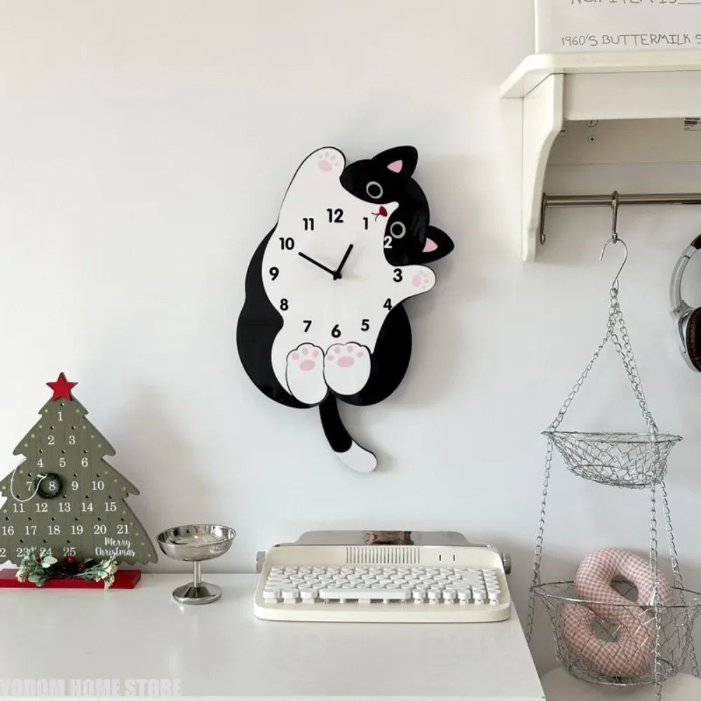 Cartoon Cat Tail Swaying Wall Clock - Silent Non-Ticking Creative Home Decor for Living Room, Bedroom & Kids Room