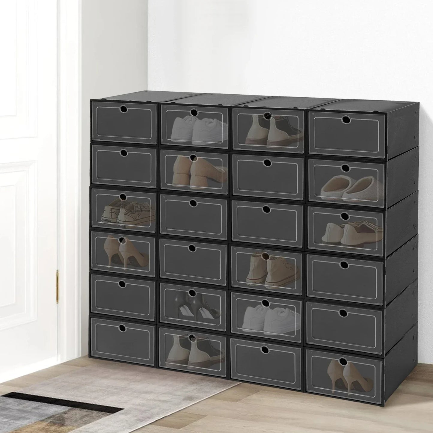 24-Pack Large Black Flip-Top Shoe Boxes - Stackable Clear Closet Organizer Storage Containers for Men & Women - Shoe Organizer