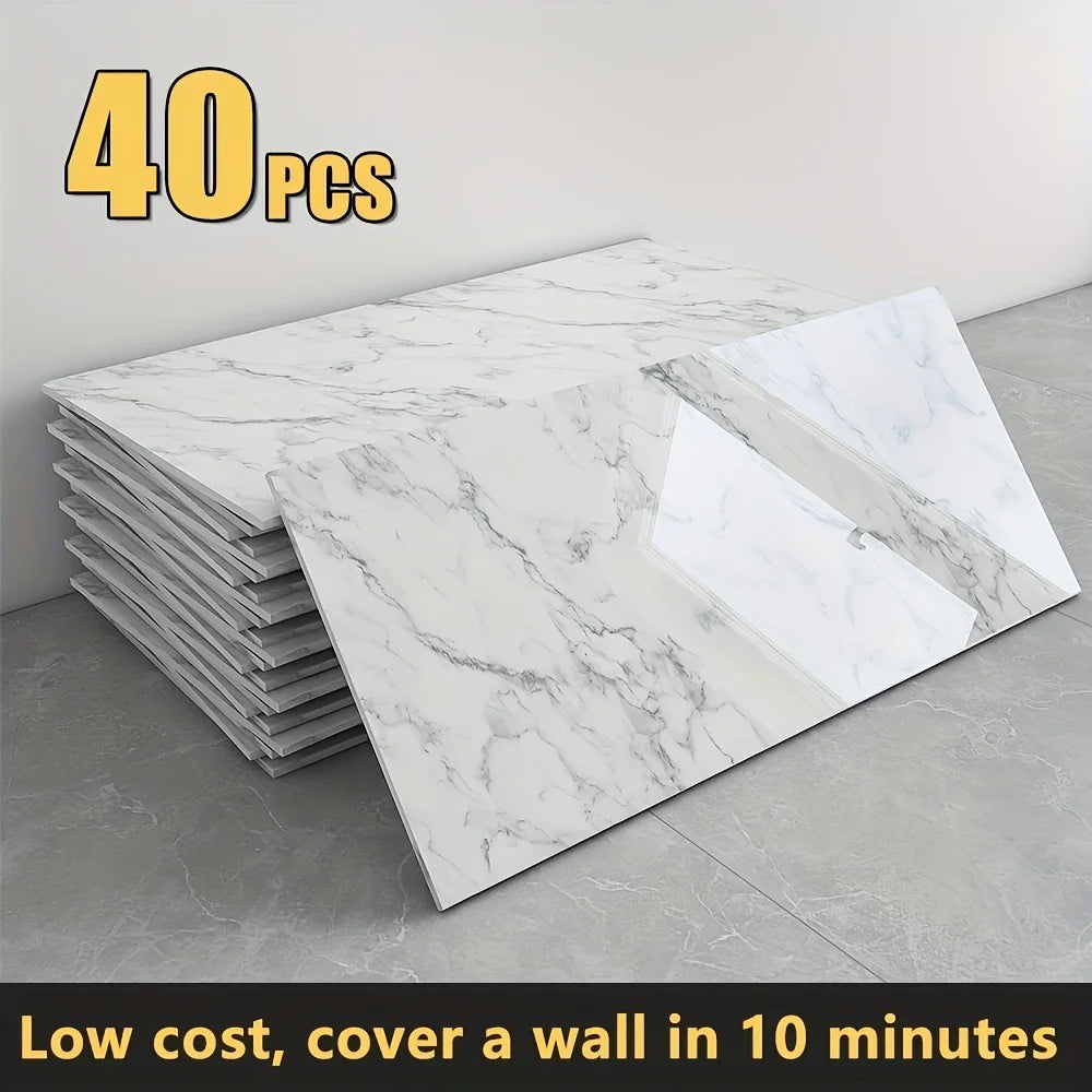 us20/40pcs Glossy Marble Pattern Wall Panels Wall Sticker Set, Self-Adhesive Detachable PVC Wall Panels Wall Decals, Waterproof Peel And Stick Backsplash for Kitchen, Bathroom, Living Room, Home, Office, Dorm Decord