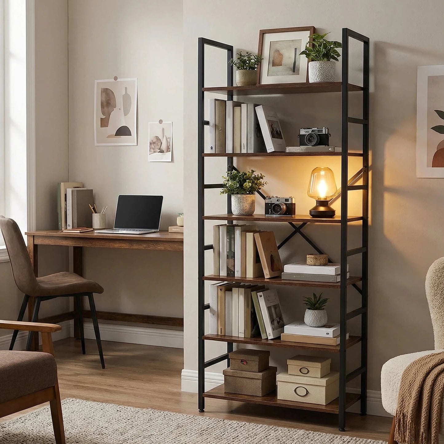 Book Shelf, 5 Tier/6 Tier/ Bookcase, Modern Tall Bookshelf Corner Storage Organizer for Garage Kit, CDs, Movies Suitable Home Of