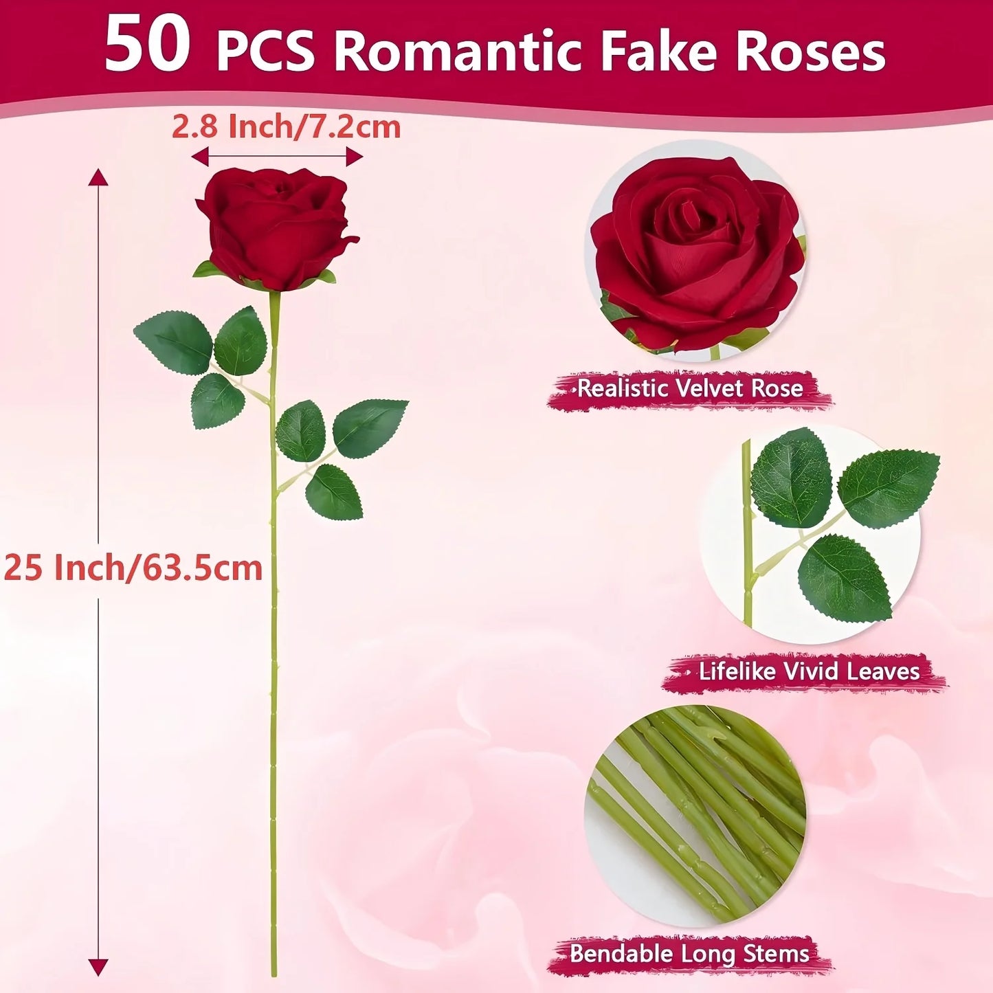 us50/100pcs Red Roses Artificial Flowers, Real Touch Velvet Roses Bouquet Fake Flowers Bulk, Artificial Roses with Long Stems for Valentines Day Gift DIY Bridal Wedding Centerpiece Decorations, Mothers Day Decor, Home Decor,
